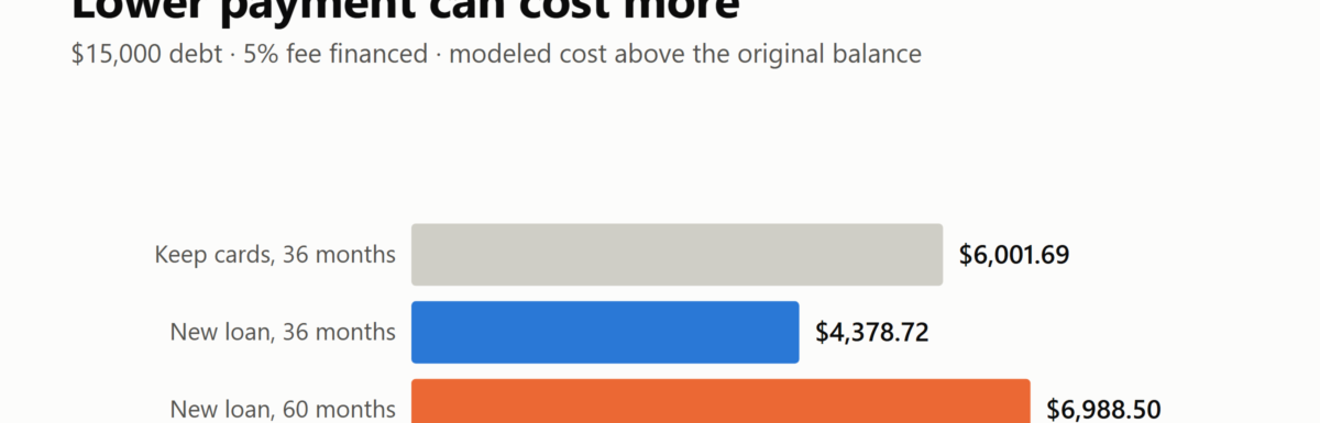 Bar chart comparing modeled debt costs: $6,001.69 keeping cards, $4,378.72 for a 36-month consolidation loan, and $6,988.50 for 60 months